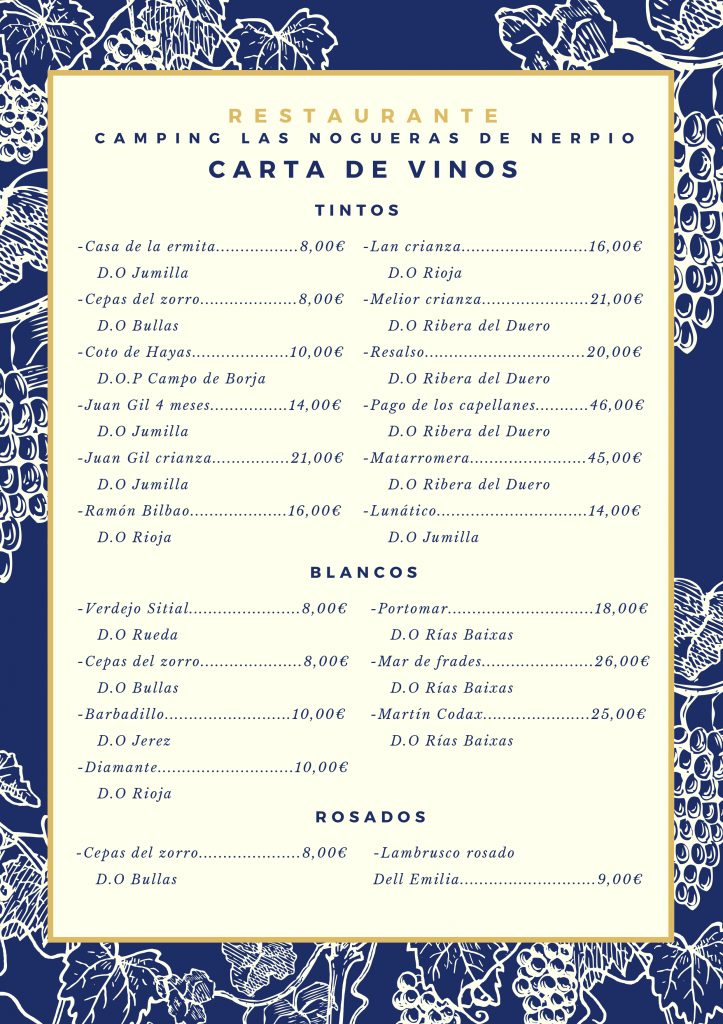 Restaurante Camping de Nerpio - Carta Vinos 1